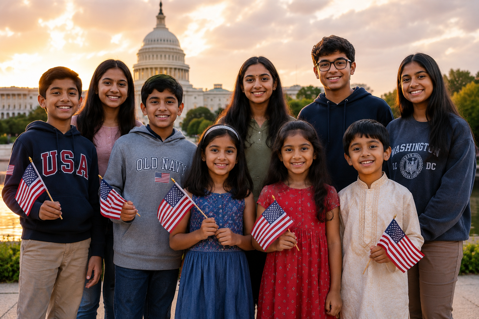 Hindu American youth holding flags at the U.S. Capitol